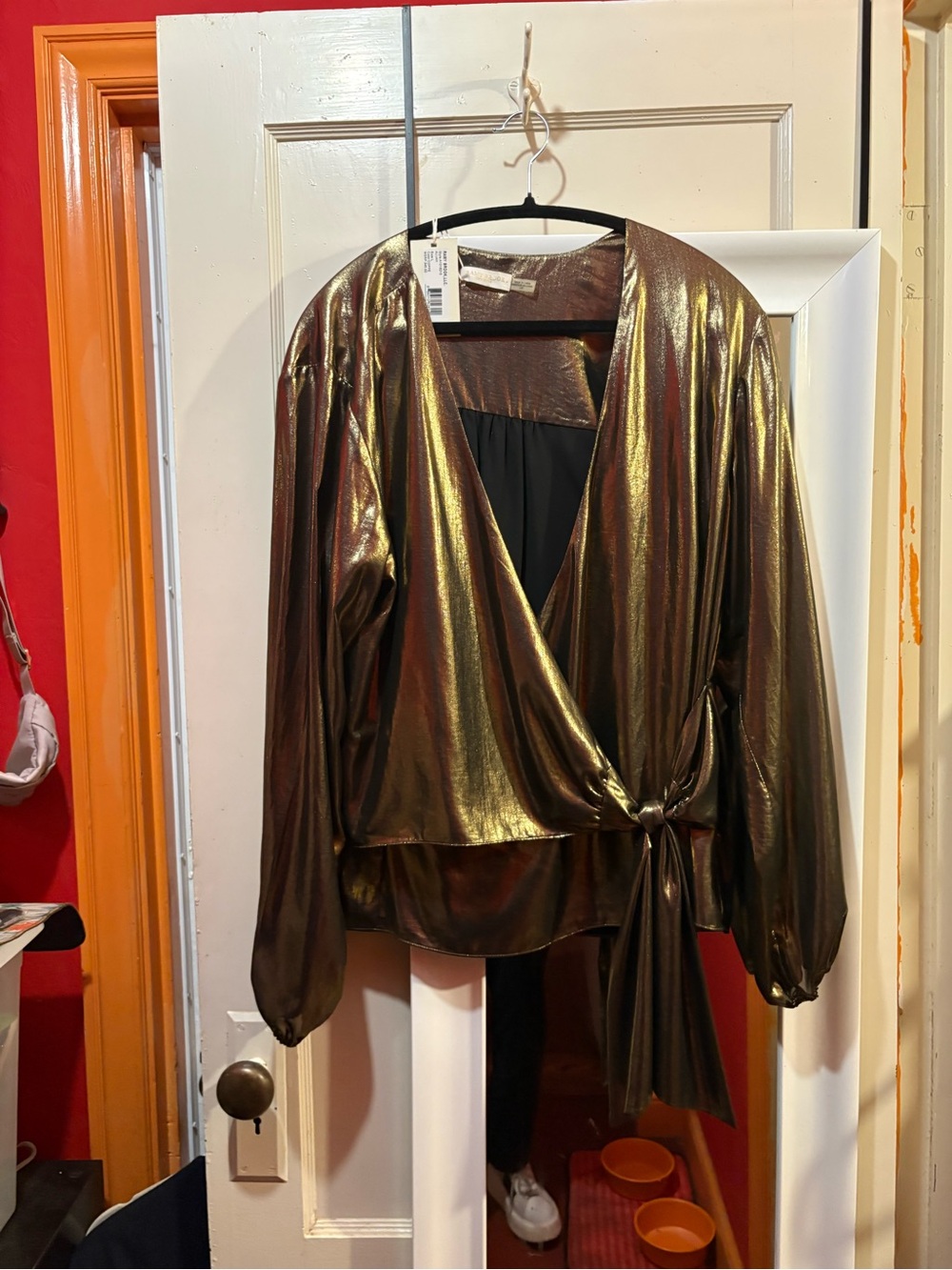 Ramy Brook Aliyah metallic Gold/copper wrap tie blouse L NWT